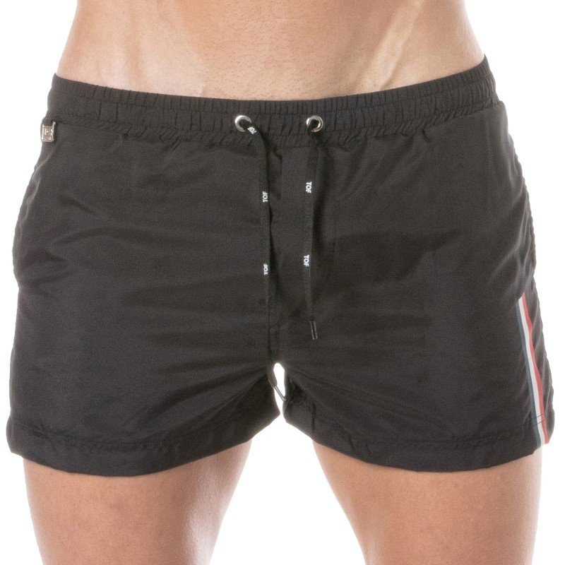 Short de bain de la marque TOF PARIS - Short de bain mi-cuisse Tof Paris à bande tricolore - noir - Ref : TOF377N