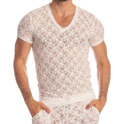 Kurze Ärmel der Marke L HOMME INVISIBLE - White Lotus - T-Shirt mit V-Ausschnitt - Ref : MY73 LOT 002