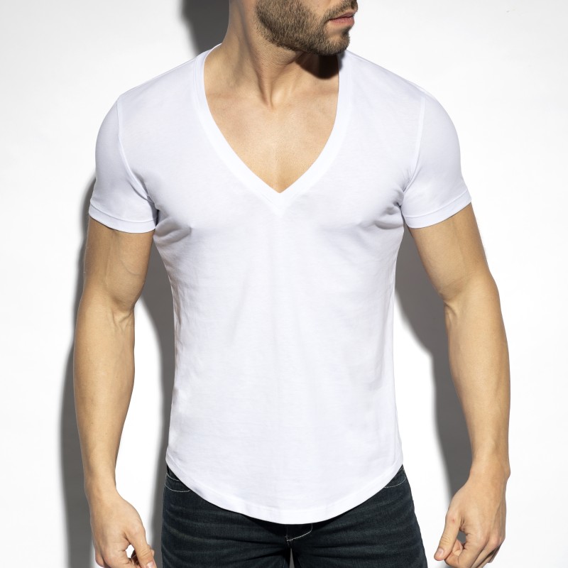 Kurze Ärmel der Marke ES COLLECTION - Tiefes T-Shirt V-Ausschnitt - weiß - Ref : TS333 C01