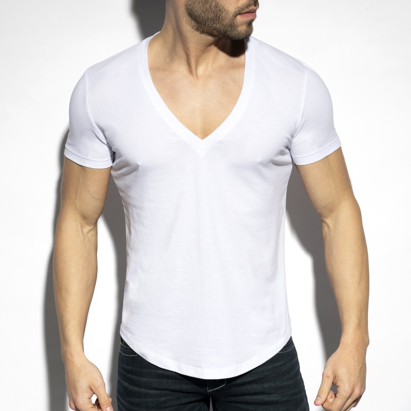 Mangas cortas de la marca ES COLLECTION - Camiseta profunda con cuello en V - blanco - Ref : TS333 C01