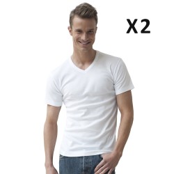 Manches courtes de la marque ATHÉNA - Lot de 2 T-shirts blancs, coton bio hypoallergénique, col en V - Ref : L220 0950
