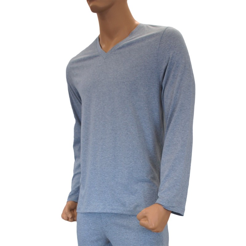 T-Shirt long col V gris chiné