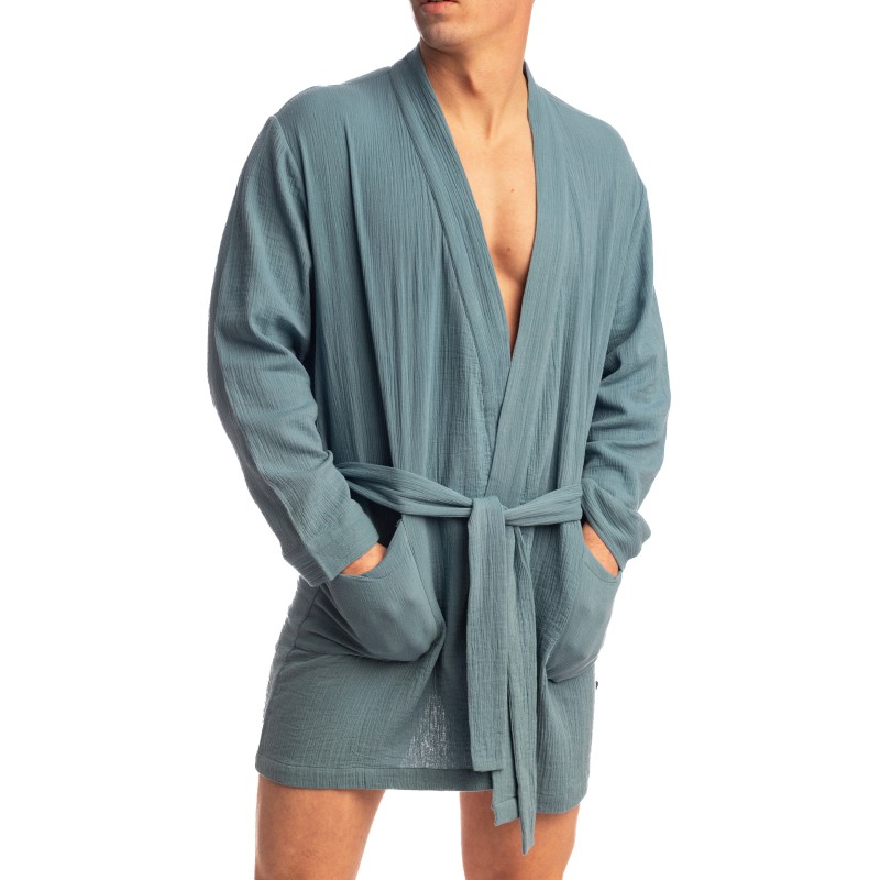 Peignoir, robe de chambre, kimono de la marque L HOMME INVISIBLE - Palm Spring Dressing Gown Whisper Blue - Ref : HW170 PAL B15