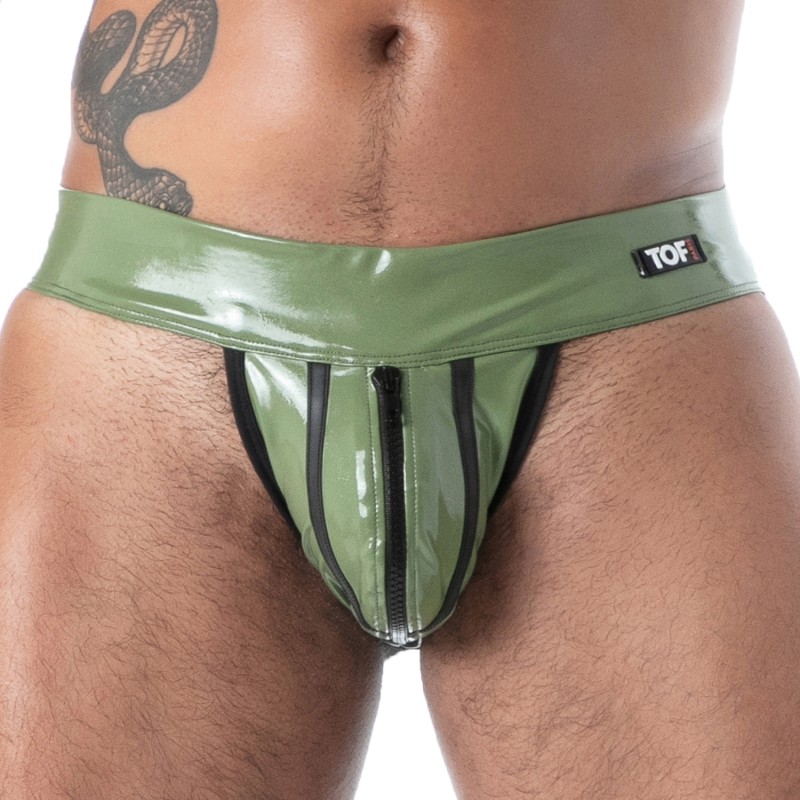 Jock strap de la marque TOF PARIS - Jock Zip Latex Seconde Peau - Kaki - Ref : TOF639K