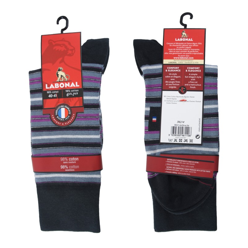 Mi-Chaussettes, fines rayures coton anthracite - ref :  34214 3900