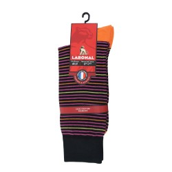 Mi-Chaussettes Fil d'écosse, fines rayures colorées noir/orange - ref :  31347 8950