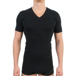 camiseta negra 318 de algodón puro de manga corta con cuello en V