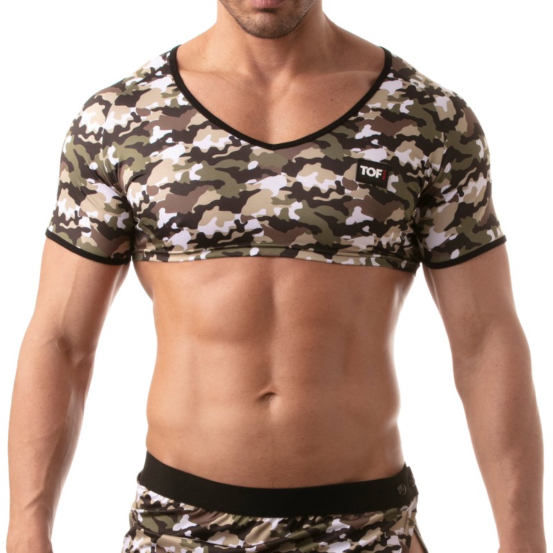 Kurze Ärmel der Marke TOF PARIS - Crop top Iconic Tof Paris - Camouflage Khaki - Ref : TOF212K