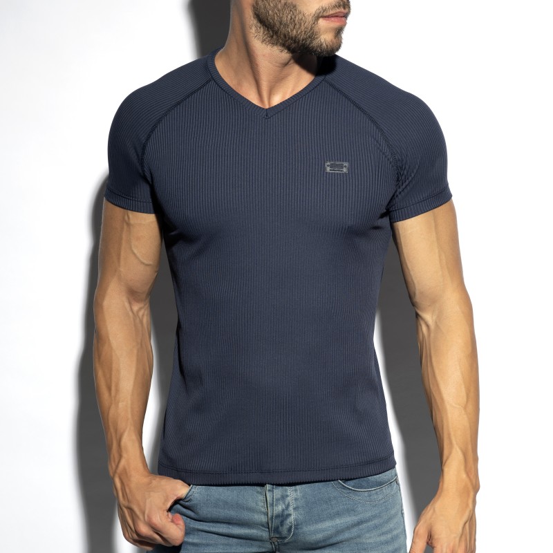 Short Sleeves of the brand ES COLLECTION - T-shirt V-Neck recycled rib - navy - Ref : TS299 C09