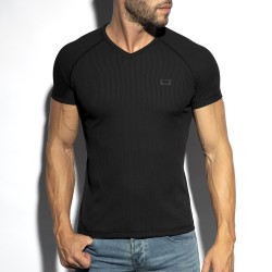 Kurze Ärmel der Marke ES COLLECTION - T-Shirt V-Ausschnitt recycelte Ripp - schwartz - Ref : TS299 C10