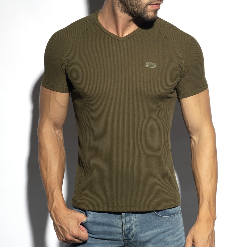 Kurze Ärmel der Marke ES COLLECTION - T-Shirt V-Ausschnitt recycelte Ripp - khaki - Ref : TS299 C12