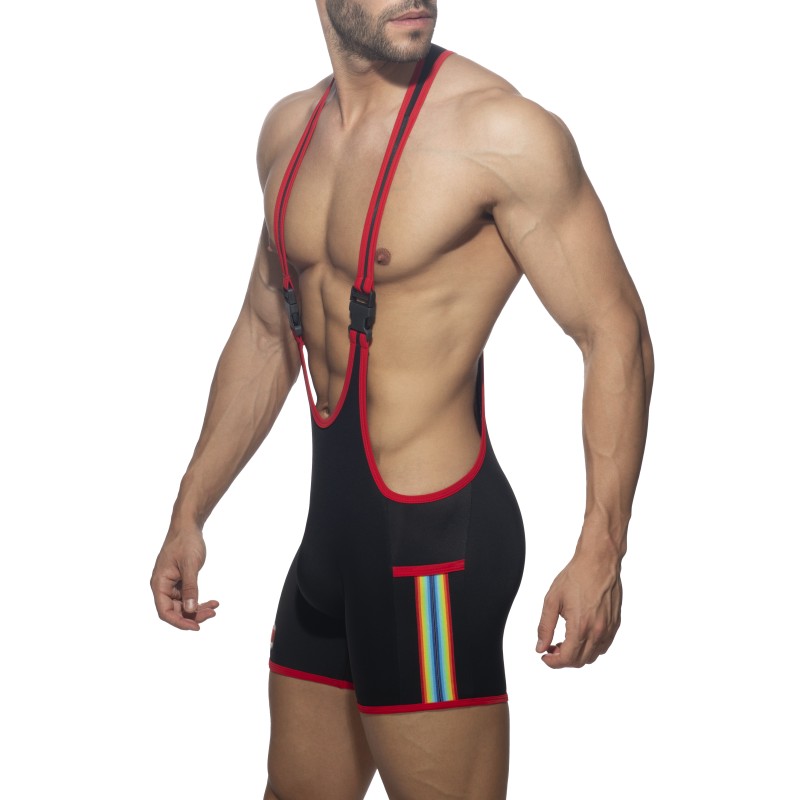 Boxer corti, bagno Shorty del marchio ADDICTED - Costume da wrestling con nastro arcobaleno - nero - Ref : ADS322 C10