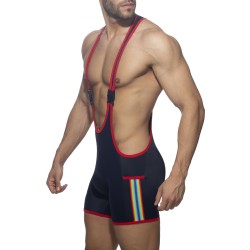 Boxer corti, bagno Shorty del marchio ADDICTED - Costume da wrestling con nastro arcobaleno - navy - Ref : ADS322 C09