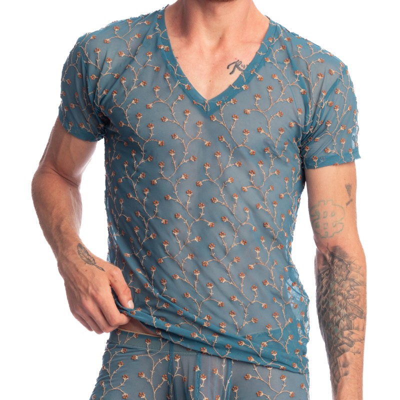 Kurze Ärmel der Marke L HOMME INVISIBLE - Viorne Lagon - T-Shirt mit V-Ausschnitt - Ref : MY73 VIO 043